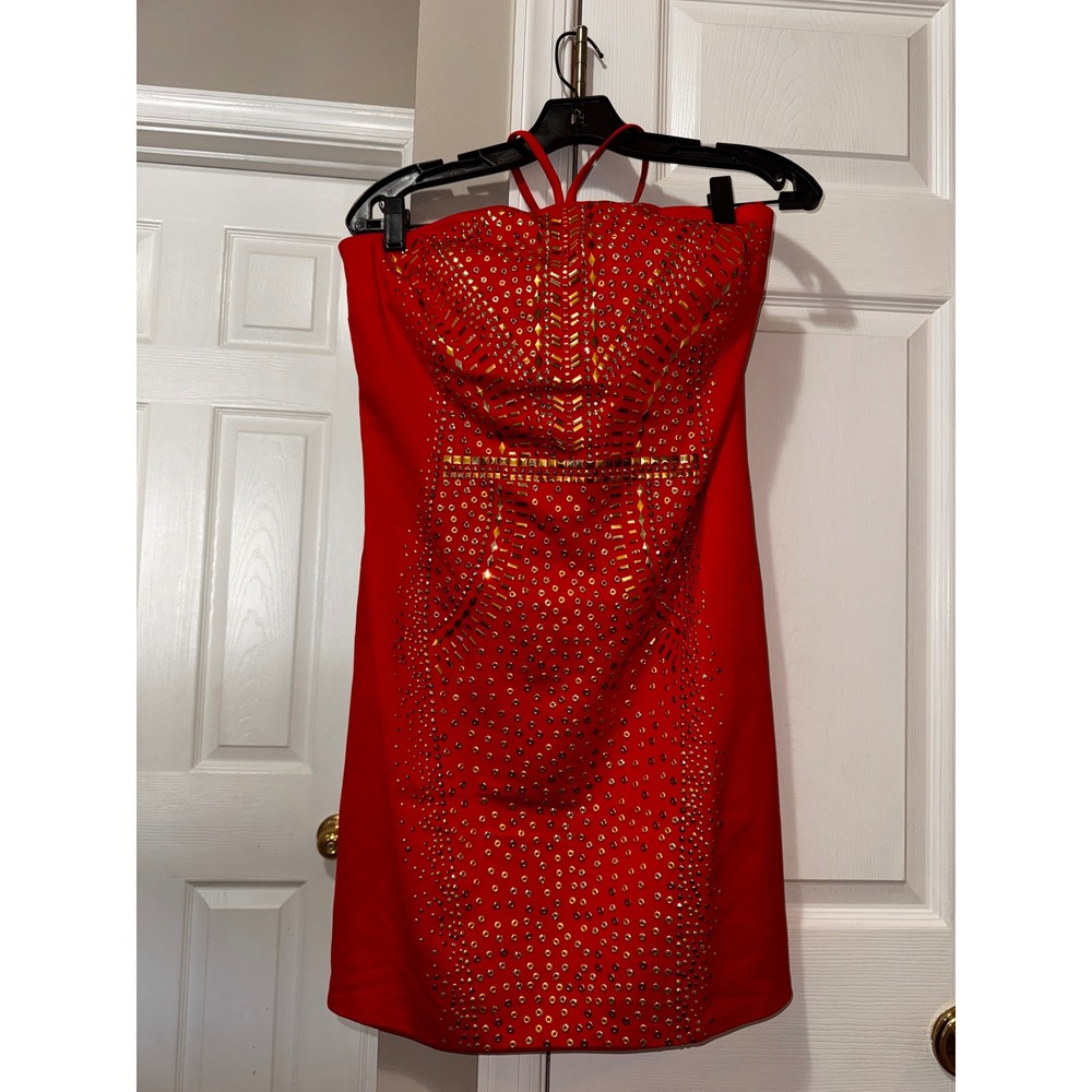 Cache Red Strapless Studded Embellished Bodycon Cocktail Dress Size 12 - Picture 5 of 8